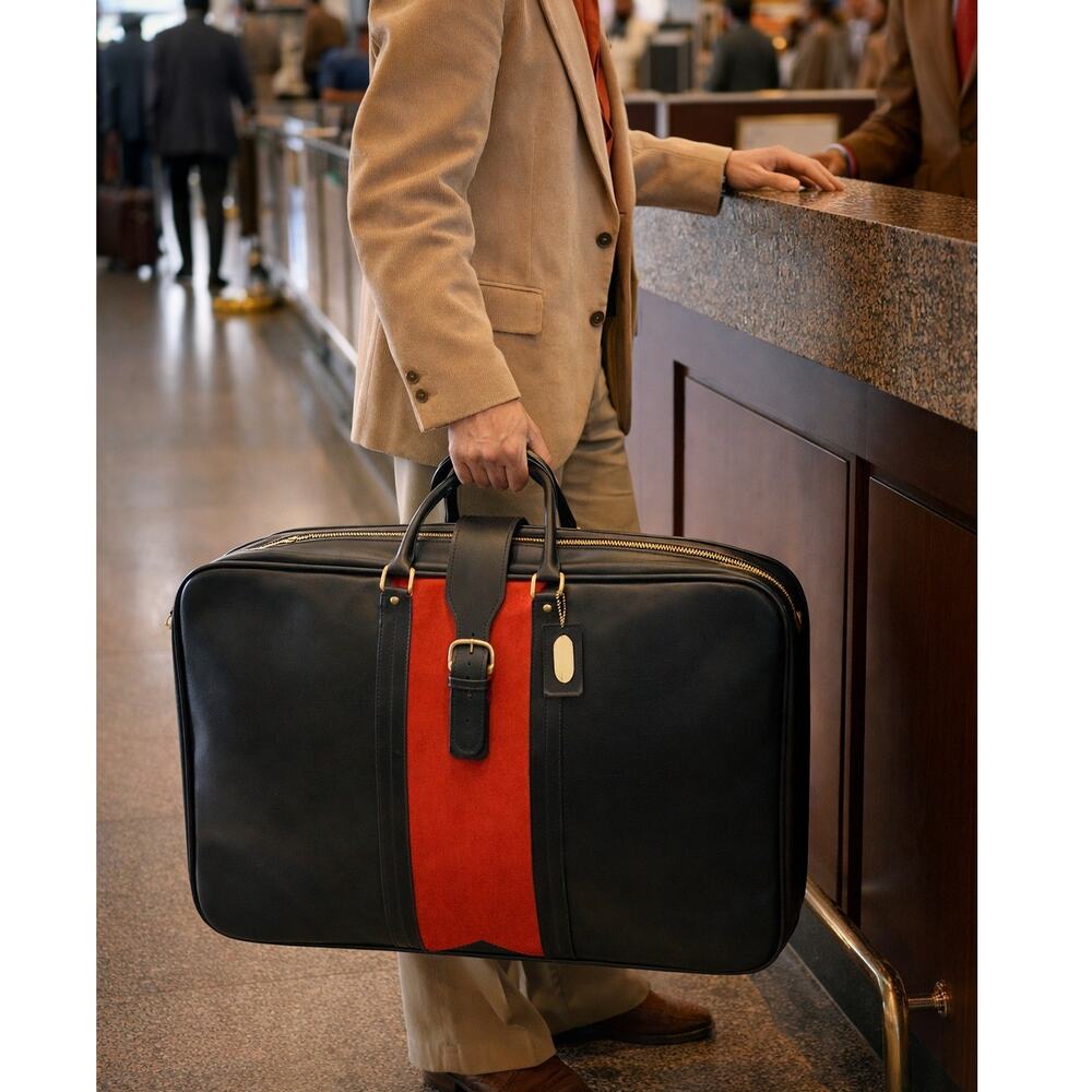 Vintage 70s Black Leather Luggage Briefcase Red Stripe Locking Travel Case